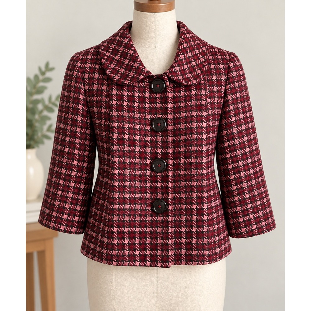 Vintage Cropped Swing Jacket Women's Medium Pink Houndstooth Mod Retro Feminine